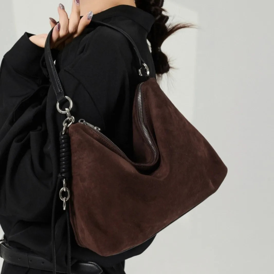 Genuine Leather Underarm Bag for Women 2025 Autumn Soft Suede Cowhide Shoulder Handbag Large Capacity Crossbody Bag