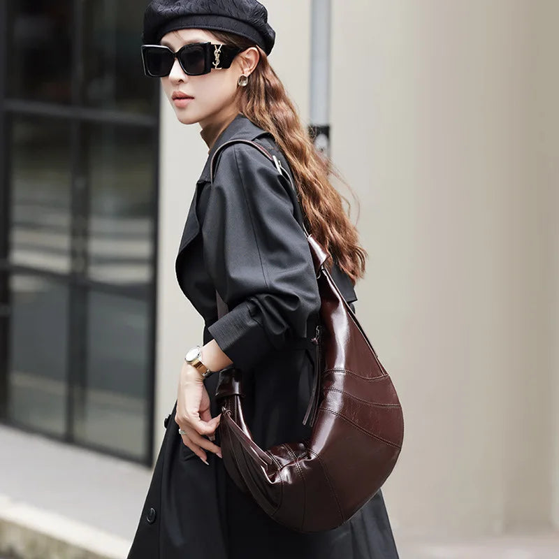 Leather Large Croissant Shoulder Bag for Women Versatile Casual Tote Crossbody Handbag