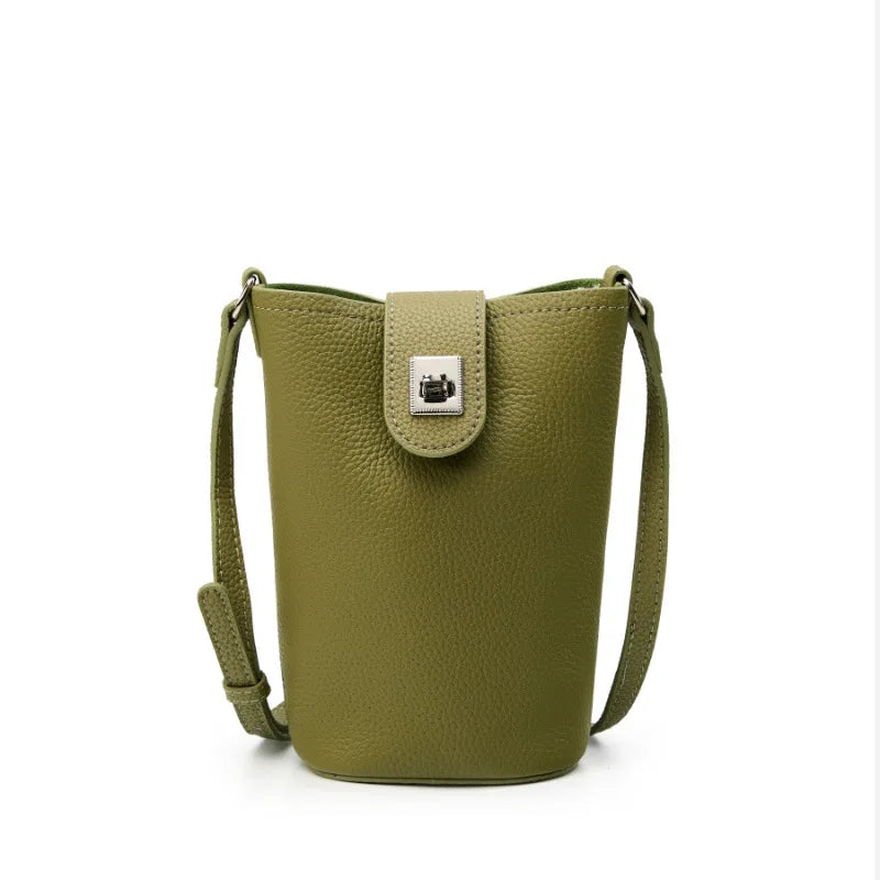 Umhängetasche aus echtem Leder für Damen, kleine Handytasche, vertikale, lässige Beuteltasche (Modell 2025) 