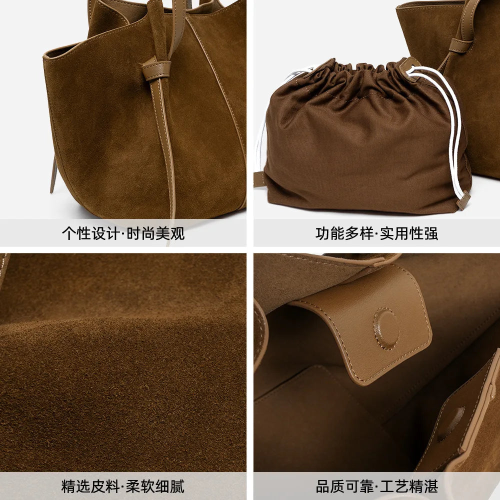 Large Capacity Tote Bag Women Luxury Feel Handbag Suede Leather Wing Bag Genuine Leather Shoulder Bag