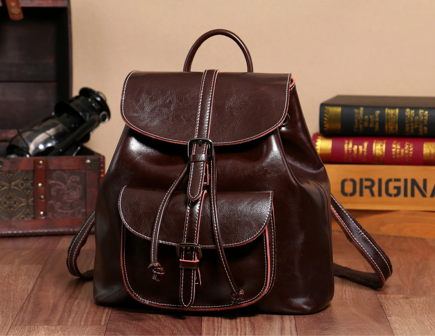 2025 New Street Style Genuine Leather Solid Color Backpack for Women with Stitching Design