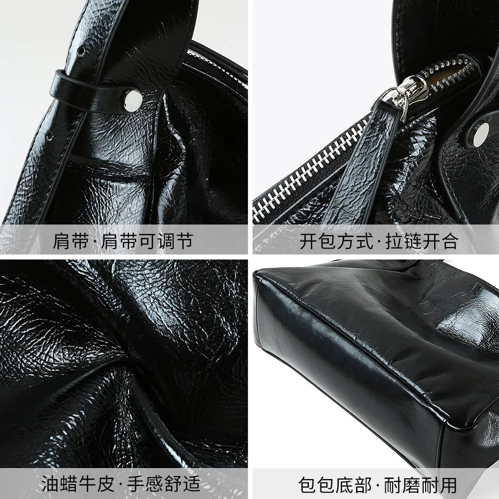 Genuine Leather Women Tote Bag Luxury Soft Waxed Leather Large Capacity Work Shoulder Crossbody Bag