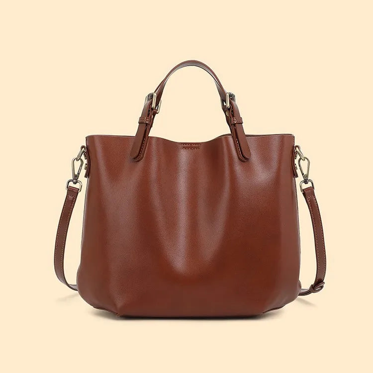 Genuine Leather Large Capacity Tote Bag Simple Commuter Shoulder Crossbody Handbag for Women