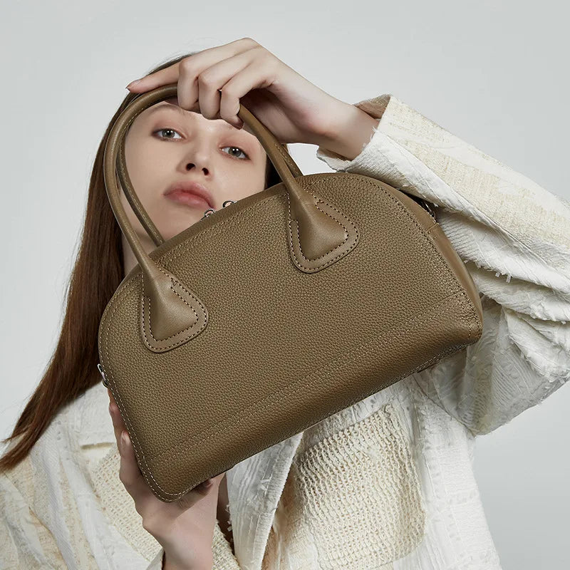 Genuine Leather Bowling Bag for Women 2025 Summer New Simple Shoulder Bag Casual Commuter Handbag Crossbody Bag