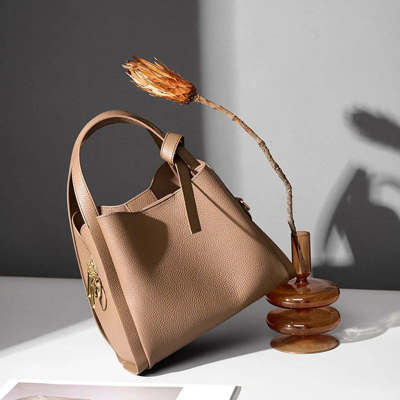 Genuine Leather Tote Bag for Women 2025 New Bucket Shoulder Bag Elegant Handbag Gift for Mom