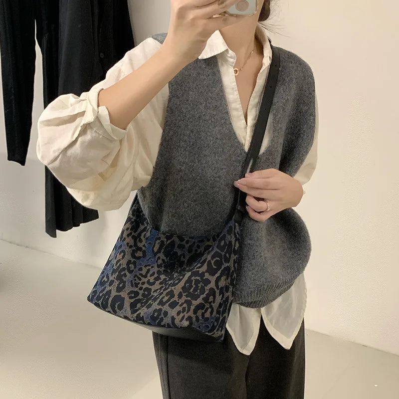 Denim Leopard Print Hobo Bag 2025 New Casual Crossbody Dumpling Shoulder Handbag Fashion Work Tote