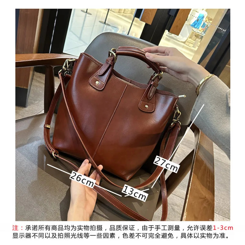 2025 New Fashion Vintage Large Handbag Women Soft Leather Bucket Bag Shoulder Crossbody Tote Spring Summer