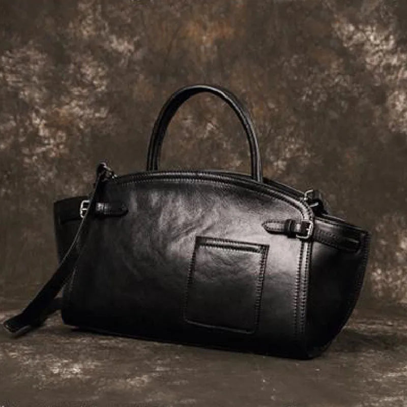 Luxury Genuine Leather Boston Bowling Bag Retro Handbag Shoulder Crossbody Small Designer Trendy 