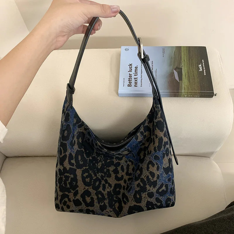 Denim Leopard Print Hobo Bag 2025 New Casual Crossbody Dumpling Shoulder Handbag Fashion Work Tote
