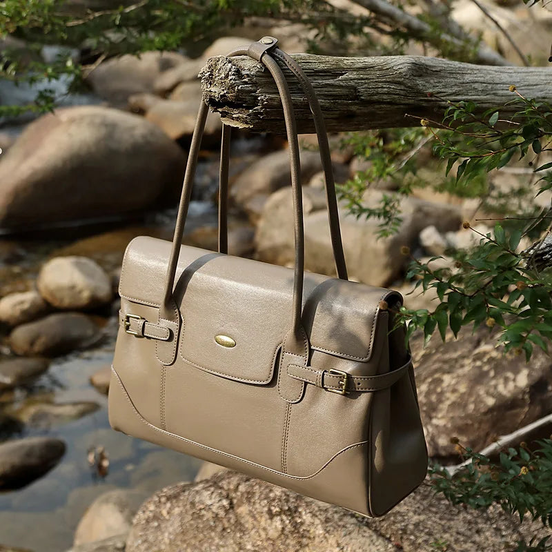 Minimal Top Layer Leather Large Capacity Tote Bag 2025 Vintage Work Handbag Shoulder Underarm Bag