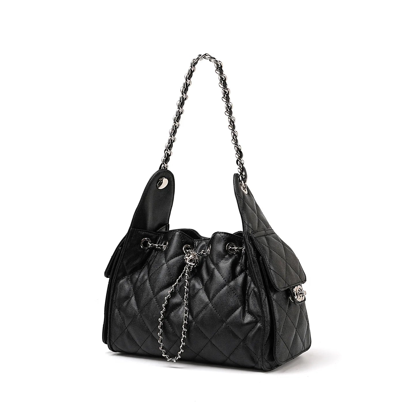 Quilted Genuine Leather Shoulder Bag Caviar Texture Large Capacity Hobo Bucket Drawstring Chain Crossbody Bag for Women 