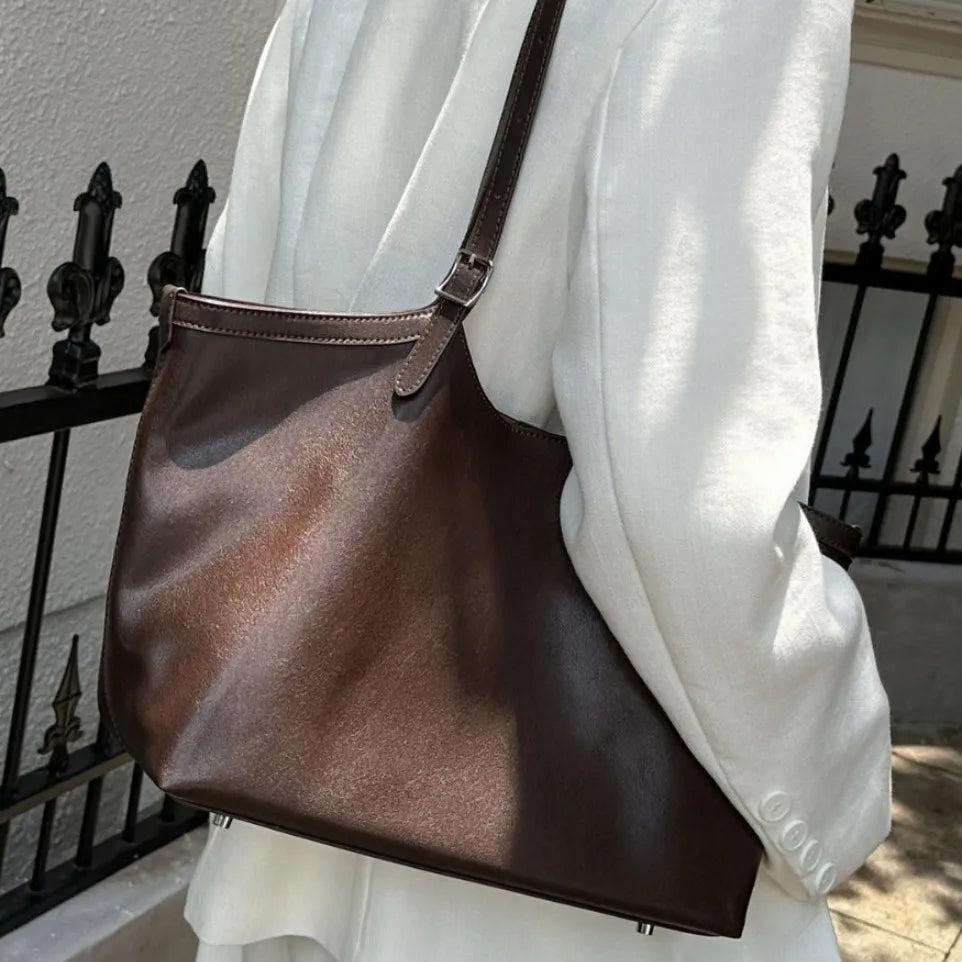 2025 Autumn Minimalist Leather Tote Bag Shoulder Handbag Large Capacity Women Underarm Carry Cowhide