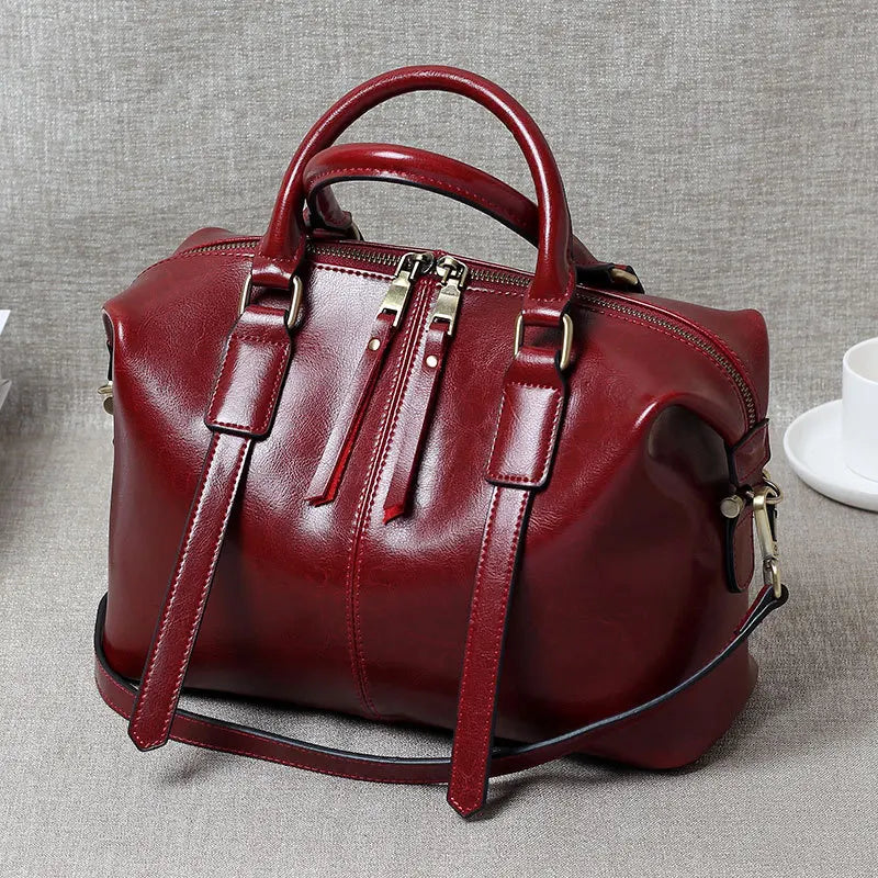 2025 Retro Leather Handbag Women Boston Bag Genuine Leather Shoulder Crossbody Large Tote Bag