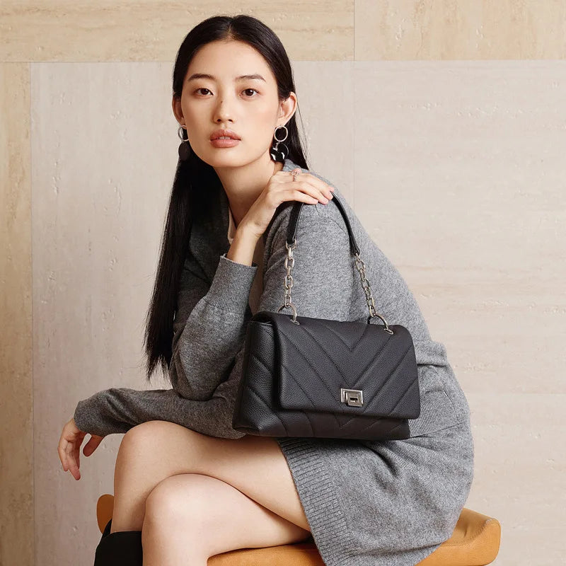 Genuine Leather Women's Shoulder Bag Natural Grain Chain Crossbody Bag Fashion Small Flap Handbag