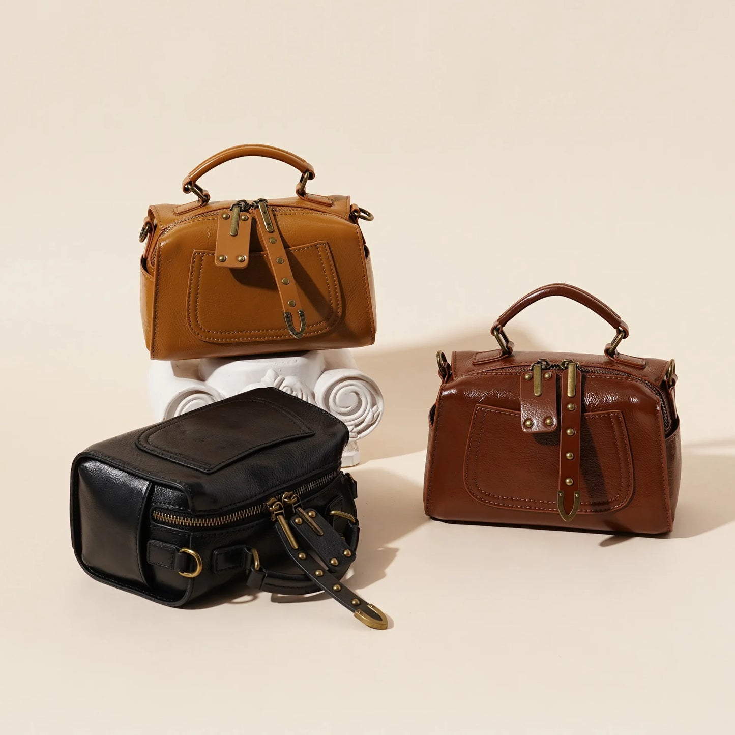 Spring Summer Genuine Leather Boston Pillow Bag Fashion Casual Handbag Vegetable Tanned Cowhide Shoulder Crossbody Bag for Women