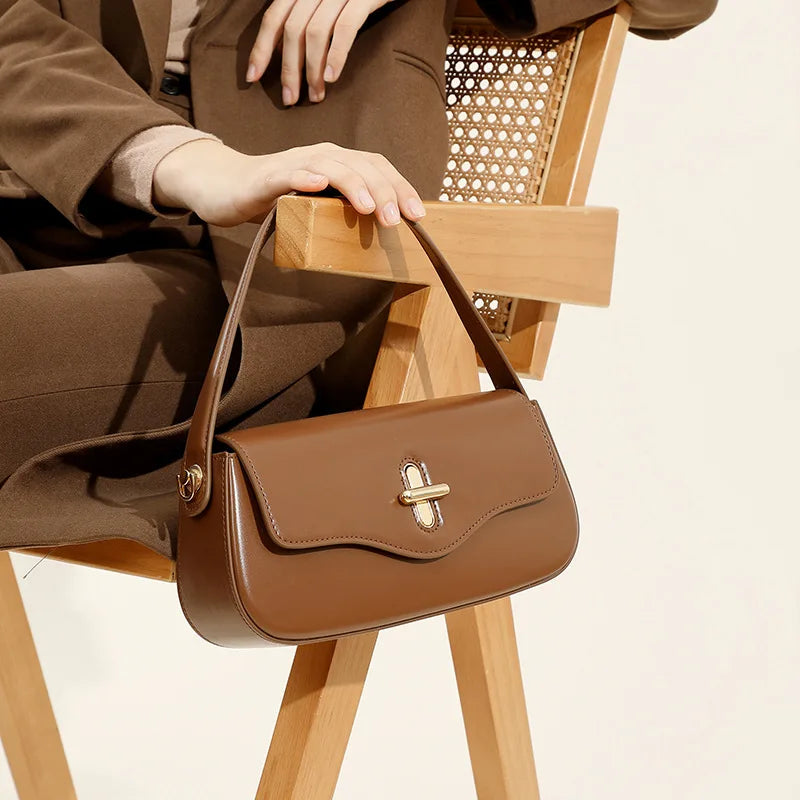 Korean Style Niche Design Genuine Leather Baguette Bag 2025 Women Elegant Shoulder Crossbody Underarm Handbag