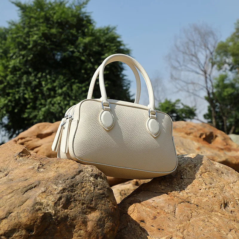 Genuine Leather Elegant Boston Handbag 2025 New Mini Shoulder Crossbody Pillow Bag for Women