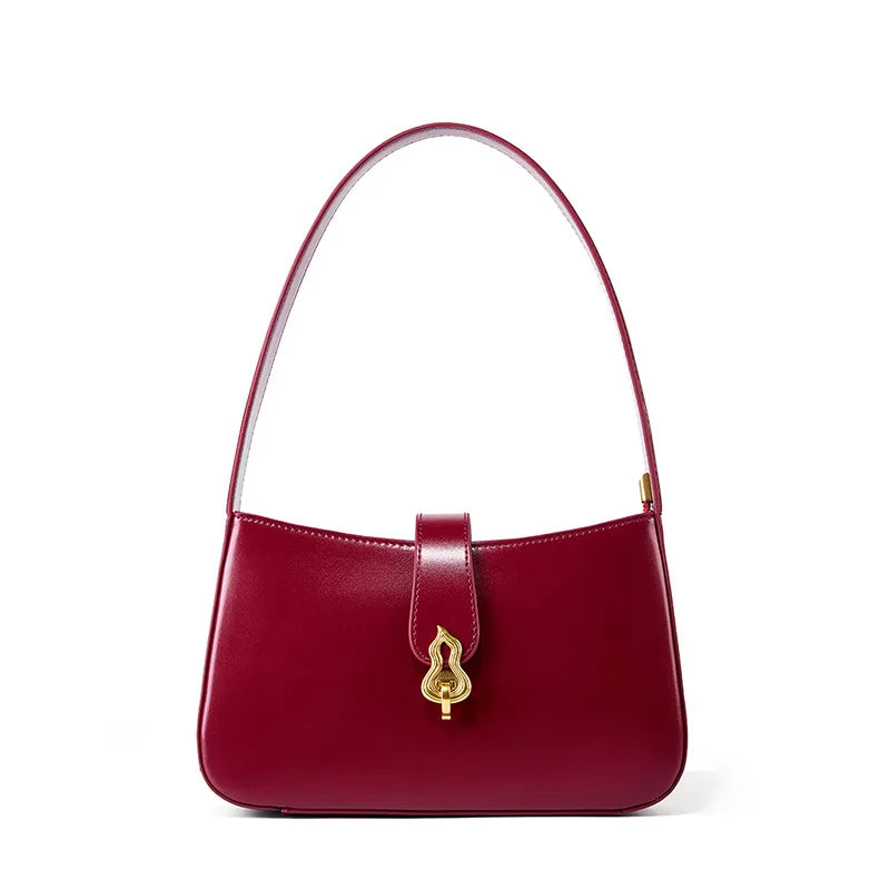 New Genuine Leather Women's Bag Red Elegant Bridal Shoulder Bag Underarm Bag for Daily Use